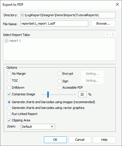 Export to PDF dialog box