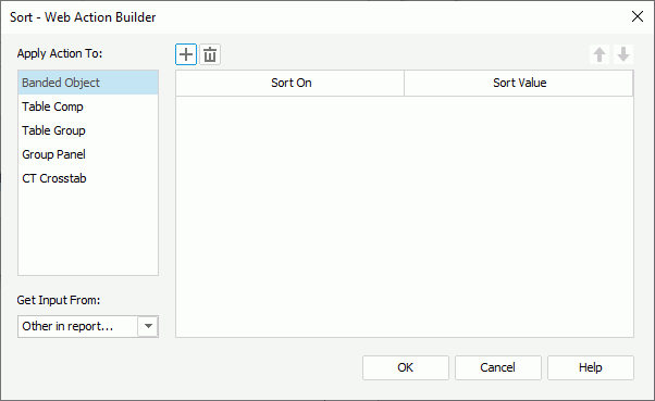Sort - Web Action Builder dialog box for library component