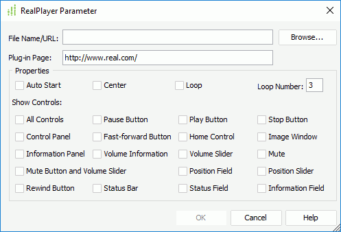 RealPlayer Parameter dialog box