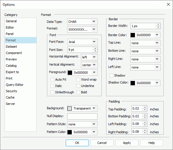 Options dialog box - Format category