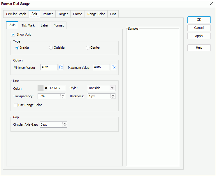 Format Dial Gauge dialog box - Axis - Axis tab