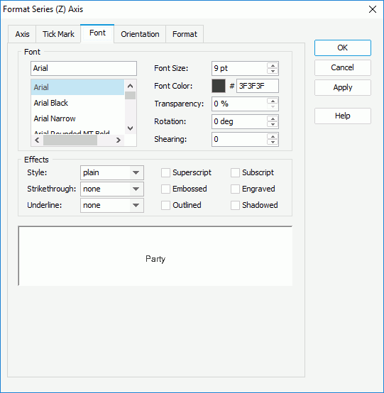 Format Series (Z) Axis dialog box - Font