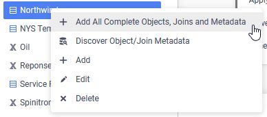 Choosing Add All Complete Objects, Joins and Metadata from the context menu