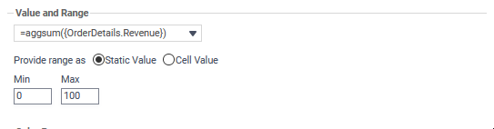 The Value dropdown is selected with an aggregate from the report. The Static Value radio button is clicked and the Maximum value field is 100.
