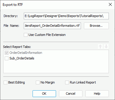 Export to RTF dialog box