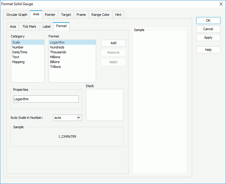 Format Solid Gauge dialog box - Axis - Format