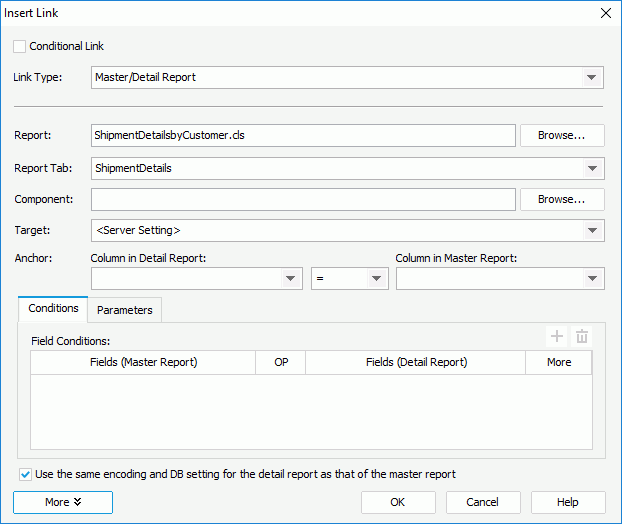 Insert Link dialog box - Mater/Detail Report