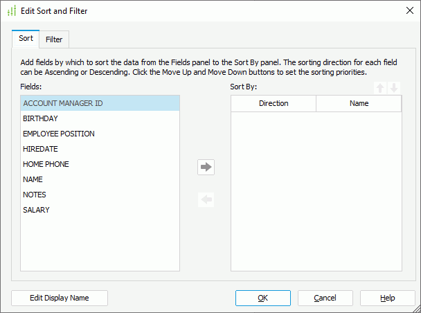 Edit Sort and Filter dialog box