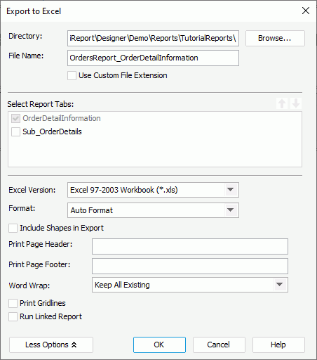 Export to Excel dialog box