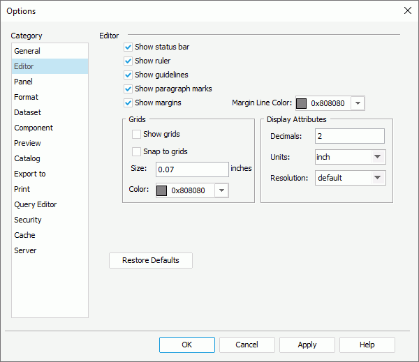 Options dialog box - Editor category