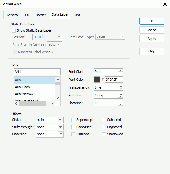 Format Area dialog box - Data Label tab