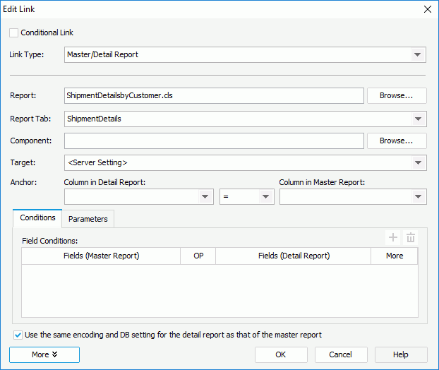 Edit Link dialog box for Master/Detail Report