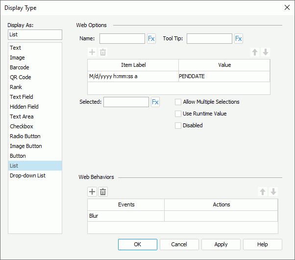 Display Type dialog box - List