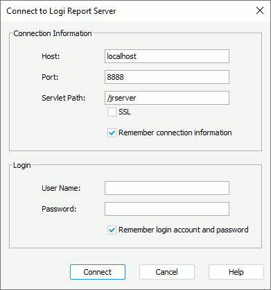 Connect to Logi Report Server dialog box