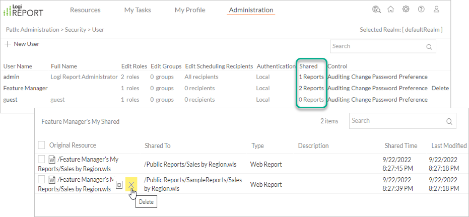 Administrators Remove Users' Shared Reports