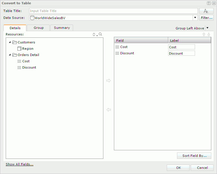 Convert to Table dialog - Details tab