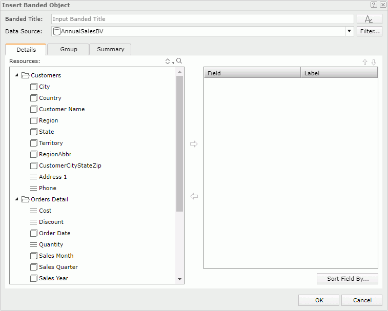 Insert Banded Object dialog - Detail tab