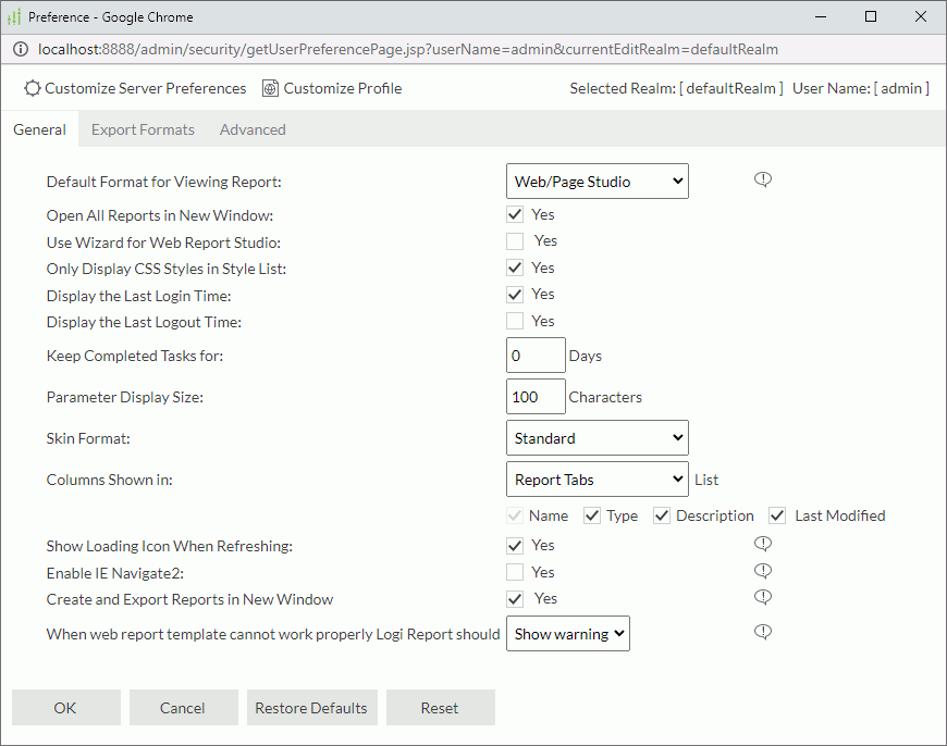 Preference dialog box