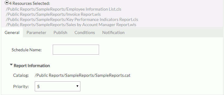 Schedule dialog - General tab for multiple reports