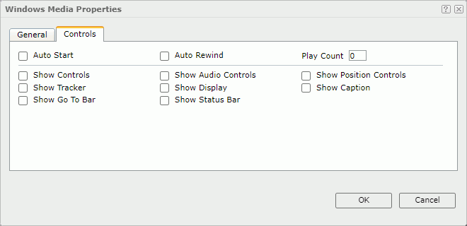 Windows Media Properties dialog box - Controls tab