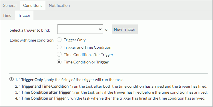 New Cache dialog box - Conditions - Trigger subtab