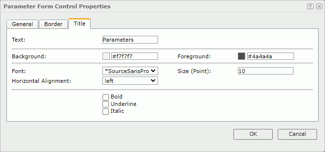 Parameter Form Control Properties dialog - Title tab
