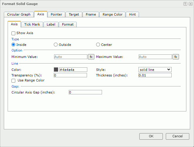Format Solid Gauge dialog - Axis - Axis tab