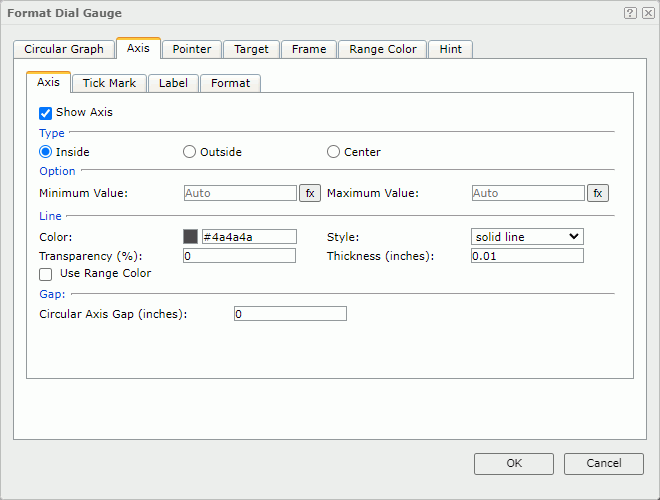 Format Dial Gauge dialog - Axis - Axis tab