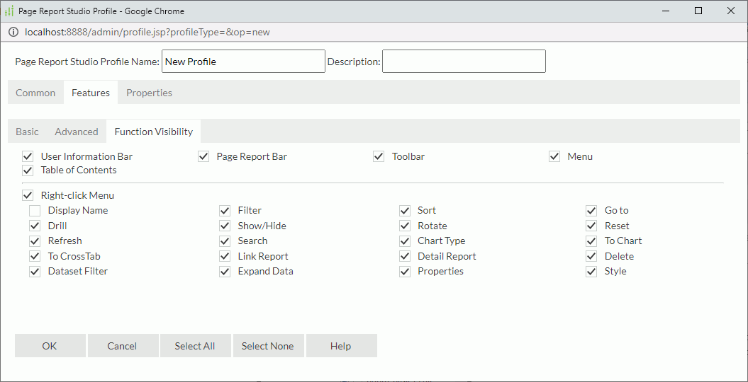 Page Report Studio Profile dialog box - Features - Function Visibility tab