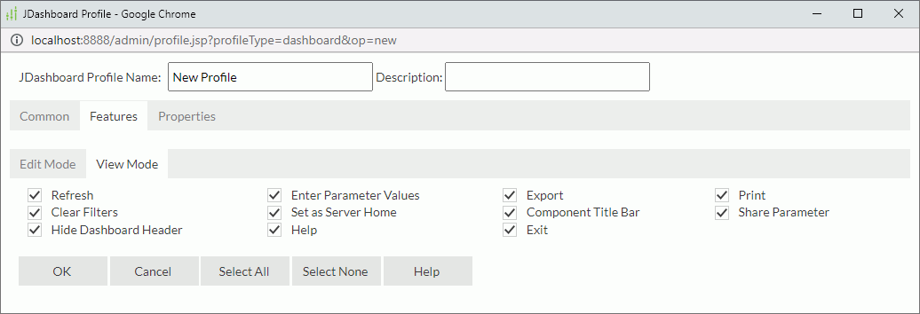 JDashboard Profile dialog box - Features - View Mode tab
