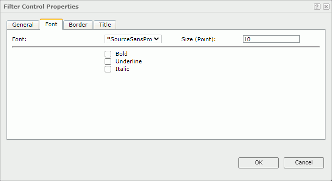 Filter Control Properties dialog - Font tab