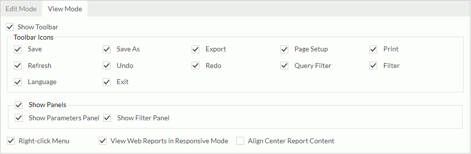 Web Report Studio Profile dialog box - Properties - View Mode tab
