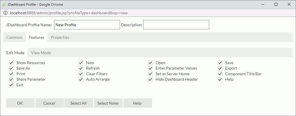 JDashboard Profile dialog box - Features - Edit Mode tab