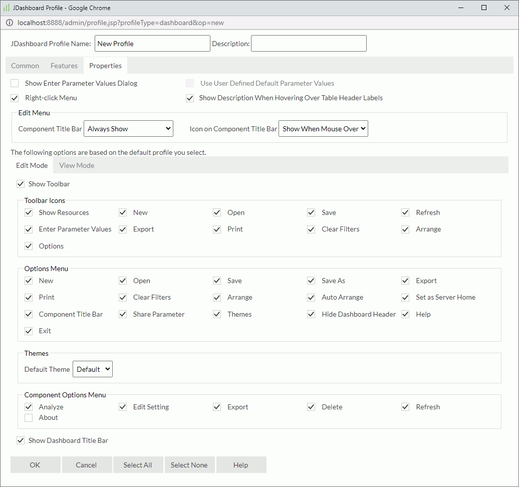 JDashboard Profile dialog box - Properties - Edit Mode tab