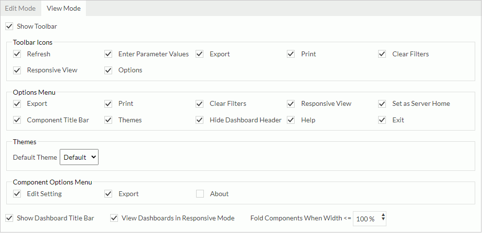 JDashboard Profile dialog box - Properties - View Mode tab