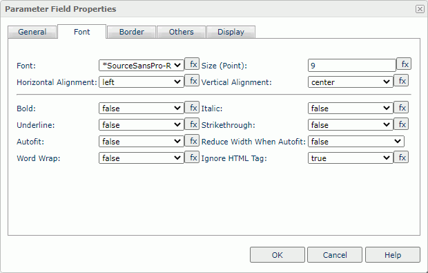 Parameter Field Properties dialog box - Font tab