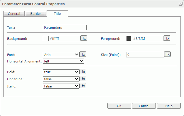 Parameter Form Control Properties dialog box - Title tab