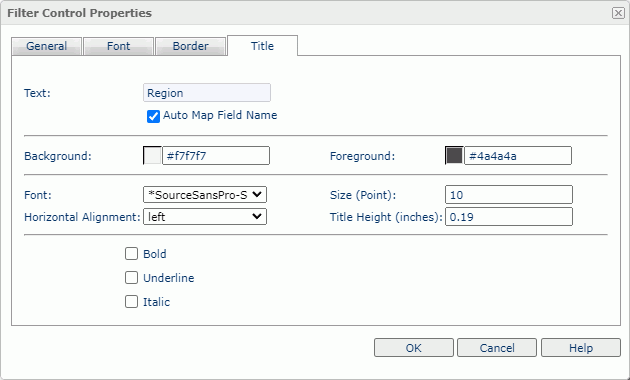 Filter Control Properties dialog box - Title tab