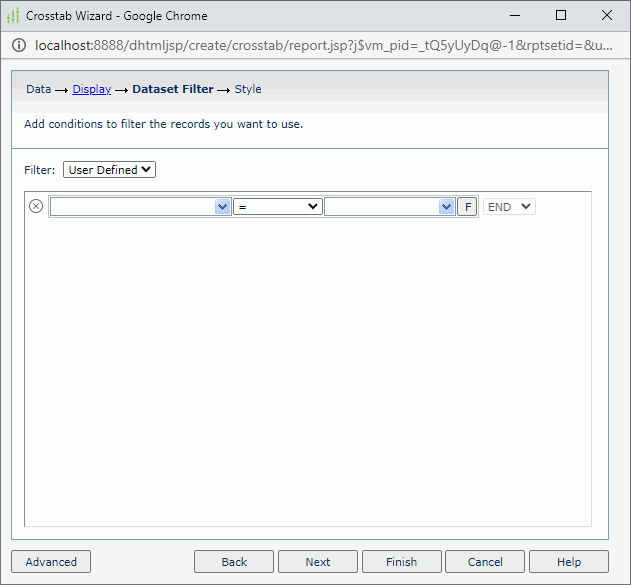 Crosstab Wizard - Dataset Filter screen