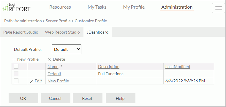Server Profile - Customize Profile - JDashboard